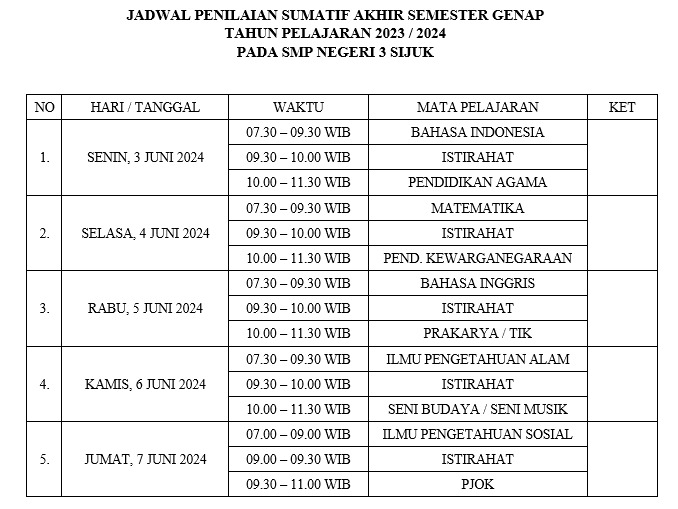 Jadwal Sumatif Akhir Semester Genap Tahun Pelajaran 2023/2024